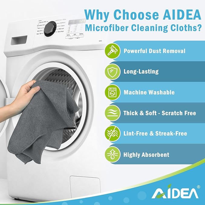 AIDEA Microfiber Cleaning Cloth Grey 100PK, Microfiber Towels for Cars, Premium Car Cloths, Dusting Cloth Lint Free Cleaning Rags for SUVs, House, Kitchen, Window, Workshops,11.5"×11.5"