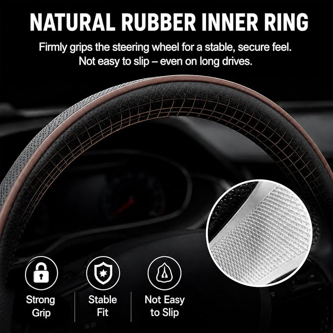 Car Steering Wheel Cover Full Surround - Soft Breathable Anti-Slip Heavyweight Safety Cover, Thick Cushioned Sports Style Universal Fit for Auto Truck SUV (Black/Coffee)
