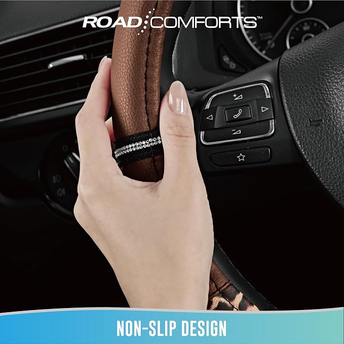 Leopard Steering Wheel Cover for Women, Cute Anti-Slip Microfiber Leather, Universal Fit 14.5-15 Inch Round Steering Wheel - Brown