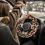 Fuzzy Car Steering Wheel Cover, Universal Fit Fur Auto Wheel Cover & Handbrake Cover & Gear Shift Cover Set, Leopard Warm Fluffy Vehicle Wheel Protector Car Accessories for Men Women (Brown)
