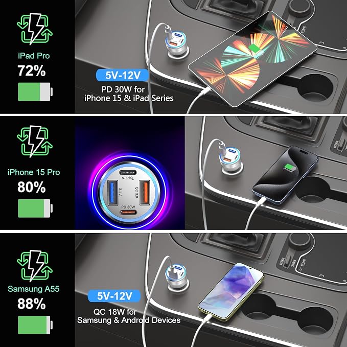 USB C Car Charger 5 Pack, 65W 4-Port Dual 12V USB Car Charger QC+PD 3.0 Fast Charging Cigarette Lighter Adapter Plug for iPhone 16 15 14 13 12 11 Pro Max iPad,Samsung (Silver)