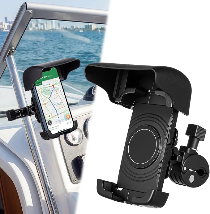 1 Pack Boat Phone Holder, Marine Cell Phone Holder with Sunshade, Black 360 Degree Adjustable Knob Crab Clamp, Smartphone Accessory for Boat Rail, Car, Cycling, Pontoon and Outdoor Use