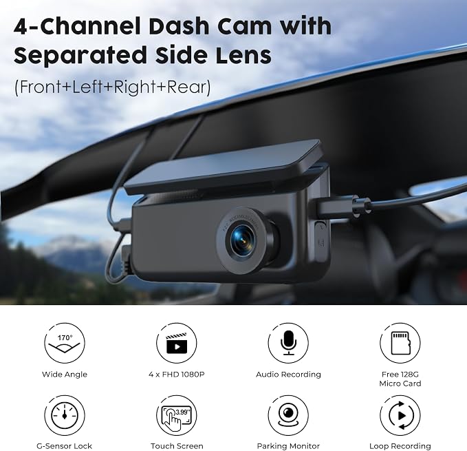 360 View 4 Channel Dash Cam Front and Rear, Left Right Detached Side Camera for Cars,3.39'' Large Touchscreen,GPS and 5G WiFi, Night Vision,Parking Mode,G-Sensor,APP Control, Included 128GB Card ﻿