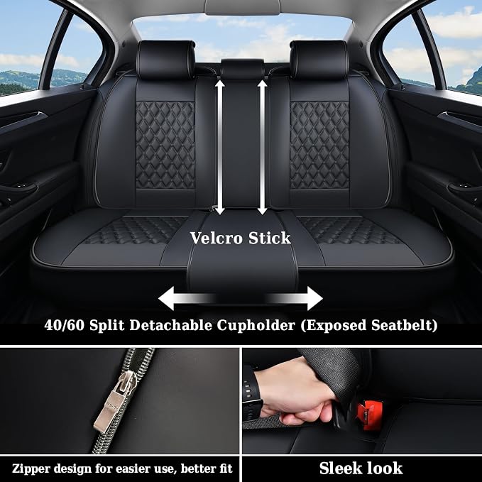 Coverado Full Set Car Seat Covers, Black Leather Seat Protectors, Luxury Front & Back Car Seat Covers,Waterproof Universal Fit, Automotive Seat Covers for Most Cars-Black