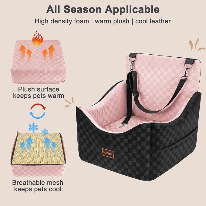 Elevated Dog Car Seat for Small/Medium Dogs up to 35 lbs, Memory Foam Booster Seat with Detachable Washable Cover, Travel-Safe Car Bed with Safety Belts & Storage Pockets, Pink