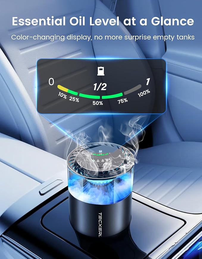 Smart Car Air Freshener Diffuser with Ambient Light, Oil Level Indicator, 2 Scent Refills, Auto On/Off, 4 Mist Modes, 1600 Sprays Rechargeable Aroma Diffuser for Car, Home, Office, Bedroom
