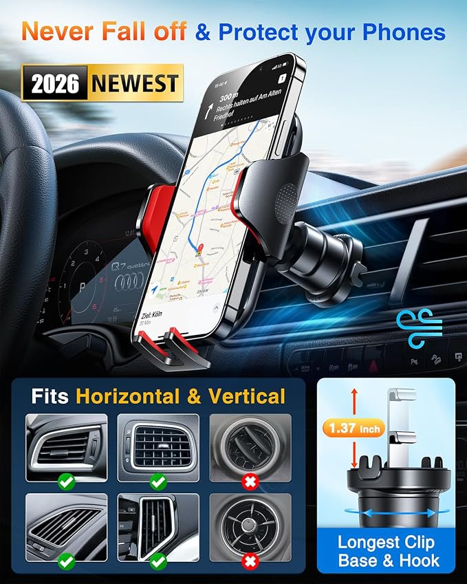 Phone Holders for Your Car Ultimate Military-Grade Car Phone Holder Mount【Patent & Safety Certs】 Upgraded Shockproof Truck Air Vent Phone Mount for iPhone 17 Pro Max 16 Samsung Android,Red