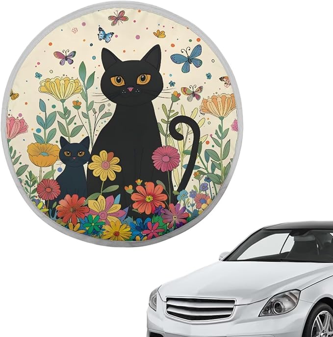 Black Cat Steering Wheel Sun Shade Cover 17 inch Anti-Heat Steering Wheel Cover for Blocking Sun & Heat,Cute Car Steering Wheel Accessories for Women Universal Fit for Most Cars SUV Trucks