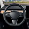 Flat Bottom Steering Wheel Cover, D Shaped Car Wheel Cover 14-14 1/4 in. (35.5-36 cm), for Tesla Model 3 / Y, for Camaro, Black Microfiber Leather