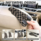 Cute Checkered Car Seat Back Storage Headrest Hooks for Purses & Bags – 2PCS PU Leather Dual Metal Hooks, Backseat Organizer Accessories