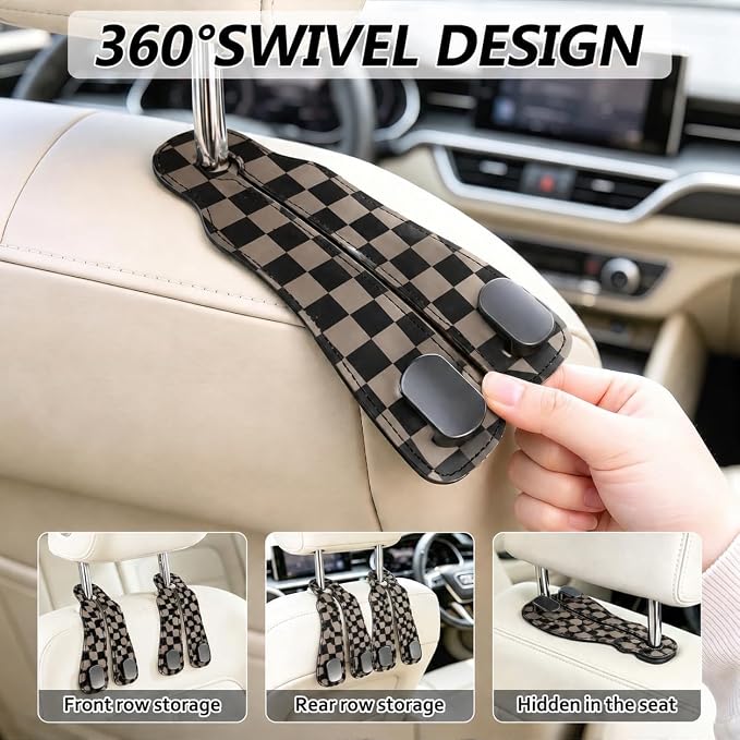 Cute Checkered Car Seat Back Storage Headrest Hooks for Purses & Bags – 2PCS PU Leather Dual Metal Hooks, Backseat Organizer Accessories