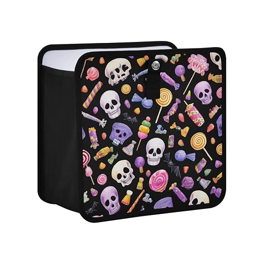 Car Trash Can Organizer Bin with Adjustable Strap for Back Front Seat Console Waterproof Leakproof Collapsible Portable 8.66 Inch Halloween Skulls Lollipops Candies