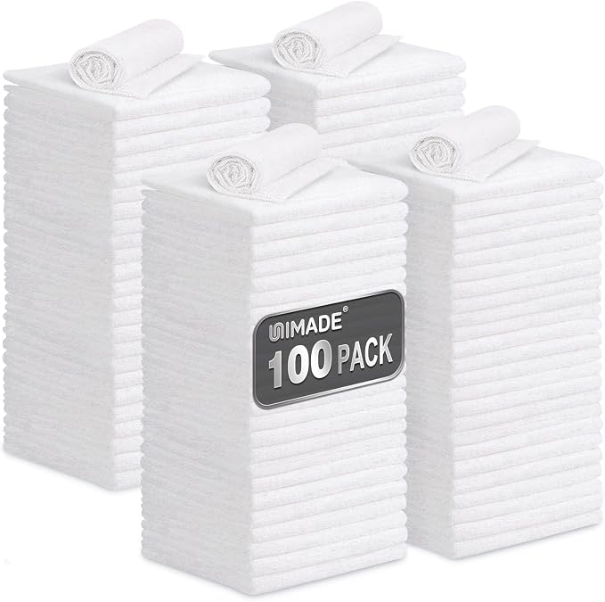 Shop Towels, 100 Pack Commercial Grade Work Rags Microfiber Towels for Cars Cleaning Rags Bulk Detailing Cloth for Automotive Bar Mechanic Restaurant Garage Housekeeping, 11.5"x 11.5", White