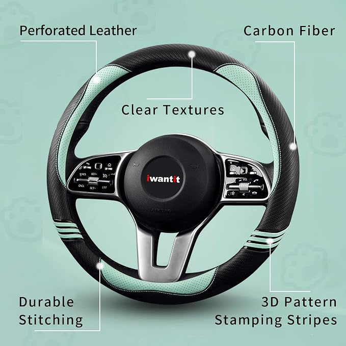 Steering Wheel Cover with Carbon Fiber and Anti-Slip Rubber Ring,Universal Fit 14.5-15 inches for Cars,SUV (Fruit Green)