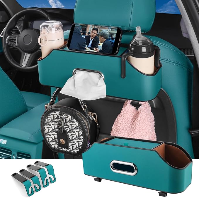 Car Back Seat Organizer with 2 Drink Cup Holder - Tissue Box and Storage Box Hook - Multi-functional Storage - Great for Kids and Travel (Blue)