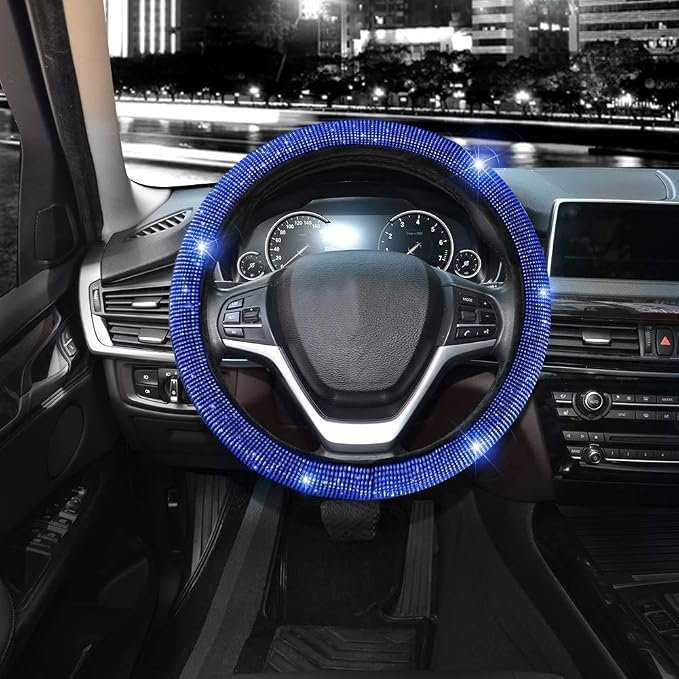 Steering Wheel Cover for Women Men Bling Bling Crystal Diamond Sparkling Car SUV Wheel Protector Universal Fit 15 Inch (Black with Blue Diamond,Standard Size(14" 1/2-15" 1/4))