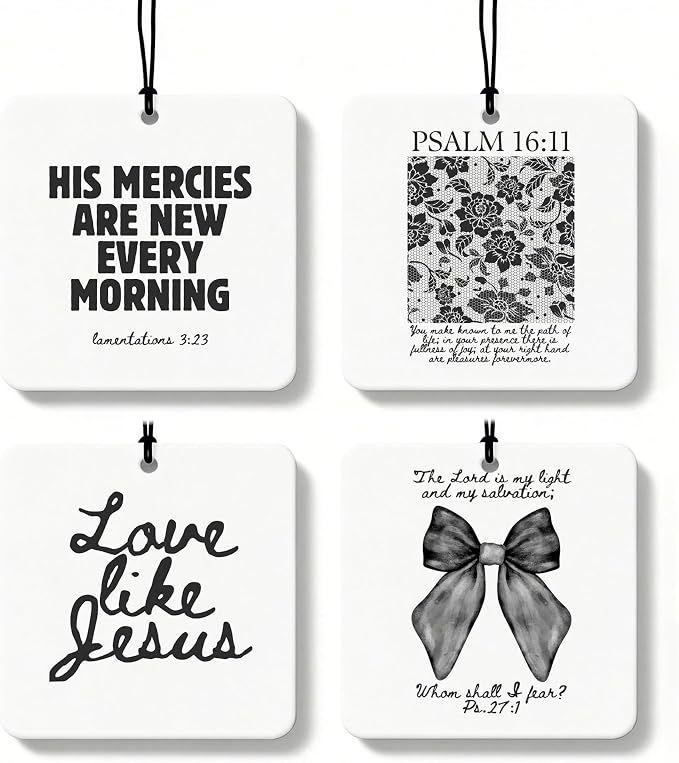 Black Christian Car Air Freshener 4 Pcs, Girly Black Bow Floral Religious Hanging Air Freshener for Cars Closet Drawer Books, Cute Preppy Christian Car Accessories Mirror Decor for Women