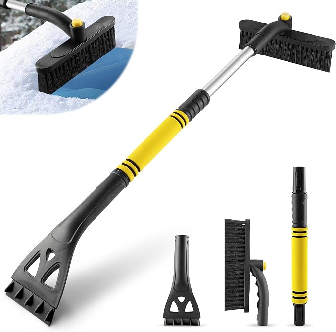 32" Extendable Ice Scraper & Snow Brush for Car Windshield, 360° Rotating Snow Removal Tool for Cars, Trucks & SUVs, Automotive Winter Essentials & Car Accessories for Men, Yellow