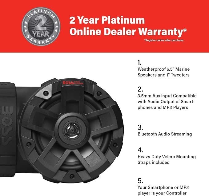 ATVB6.5R ATV UTV Weatherproof Sound System - 6.5 Inch Speakers, 1 Inch Tweeters, Built-in Amplifier, Bluetooth, Rechargeable Battery, Easy Installation for 12 Volt Vehicles