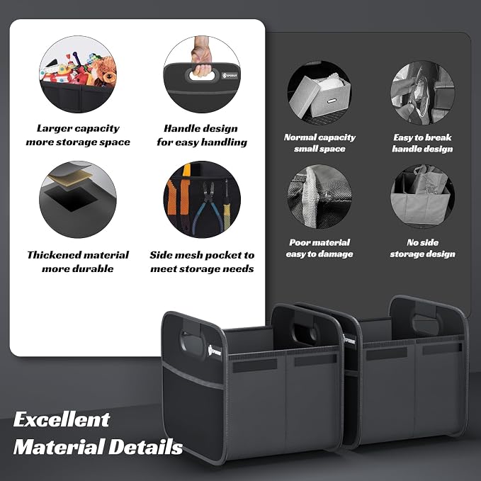 Trunk Organizer for Car - Collapsible Split Trunk Storage with Reinforced Handles, SUV Trunk Organizers for Grocery Cargo(Black, 2Pack)