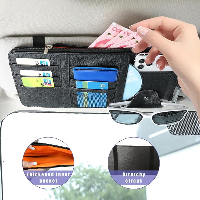 Car Sun Visor Organizer, Leather Multi-Pocket Auto Visor Storage Pocket Pouch Holder with Zipper, Vehicle Interior Accessories for Car Truck SUV Sun Visor Case Bag (Black)