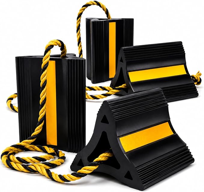 4-Pack Rubber Wheel Chocks with Rope & 3 Reflective Strips, Heavy Duty Non-Slip Tire Stoppers for Cars, SUVs & Trailers, Rubber Wheel Wedges for Garage & Driveway