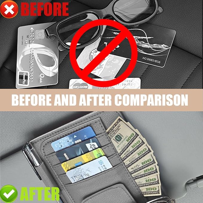 2 PCS Car Sun Visor Organizer, Small Auto Visor Organizer and Storage, Registration and Document Holder for Sunglasses, Card, Pen, Driver License, Car Accessories (Gray)