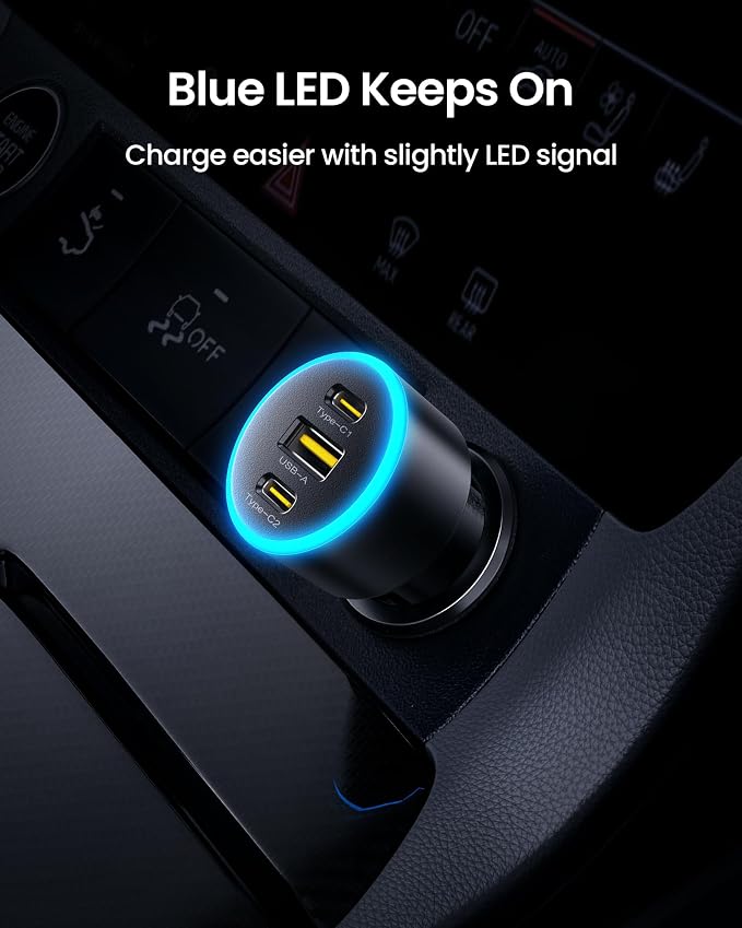 60W USB C Car Charger - Car Phone Charger Adapter PD30W & QC3.0 Fast Charging, Car USB Charger Multi Port, Cigarette Lighter USB Charger, Car Charger with LED for iPhone 17/16/15/14/13/12 Series