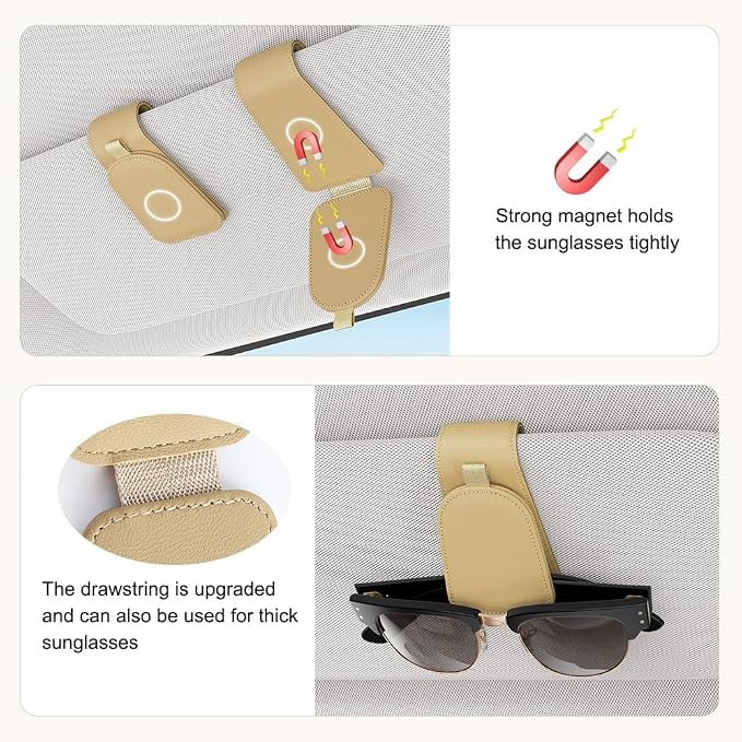 Sunglass Holder for Car Visor, Beige, 2 Packs | Suede Cloth, Magnetic, Organizer for Car Accessories