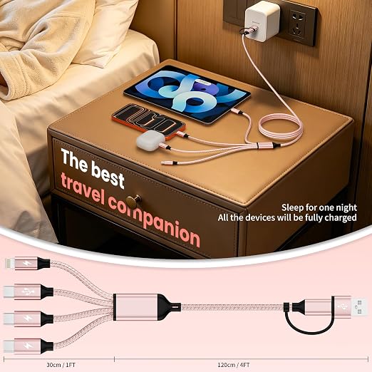 4 in 2 Multi Charging Cable,USB A/C Splitter Multi Charging Cable with 3 X Type-C,1 X IP,Upgrade 2026 Travel Holiday Essentials Phone Charger Cord for iPhone 17/16/15/14,Car Accessories for Women,Pink