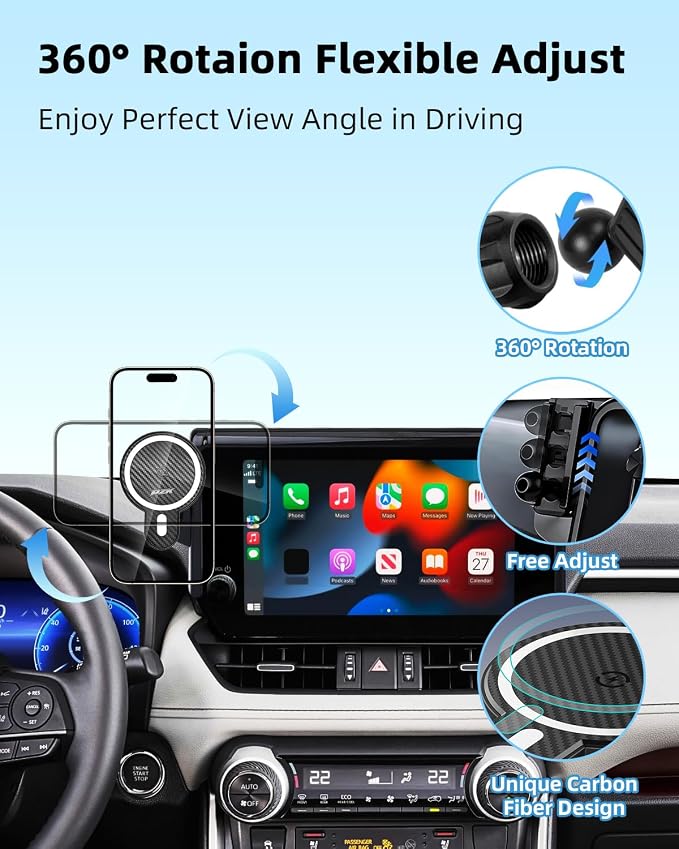 PZK Car Phone Holder for Toyota RAV4 2019-2025 Accessories 7/8-Inch Screen | Hybrid LE/XLE/Premium Magnetic 15W Fast Wireless Charger Car Phone Mount 360° Rotation Not Affect Vent (Not Fit 9/10.5'')
