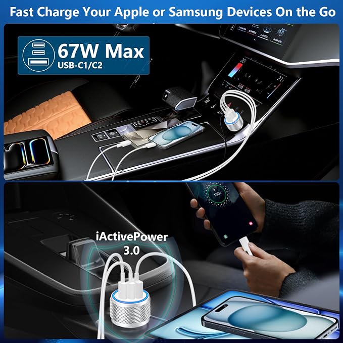 USB C Car Charger, 2Pack 67W 3-Port USB-C & USB-A Fast Car Charger Cigarette Lighter Fast Charging for iPhone 16/15/14/13/12/11/Pro Max, iPad Pro, Galaxy S24/S23/S22, Google Pixel, Android