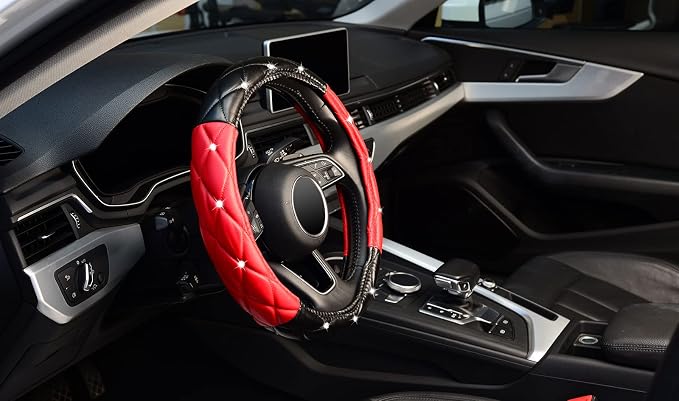Diamond Soft Leather Steering Wheel Cover with Bling Bling Crystal Rhinestones, Universal 15 inch, Black Red