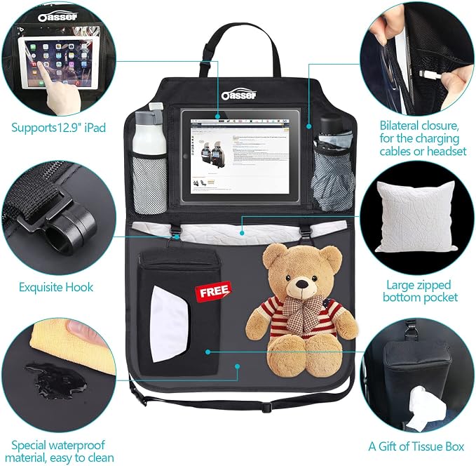 Oasser Seat Back Protector Kick Mats Backseat Car Organizers | 2 Pack, 1 Tissue Box, 12.9" Touch Screen Tablet Holder, Large Back of Seat Protector and Storage for Kids, 8 Pockets, Black