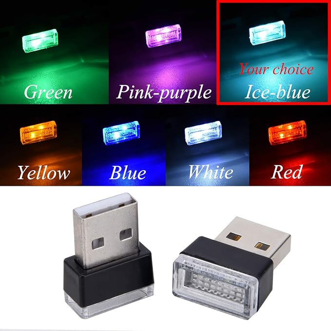 4Pcs Ice Blue USB Car Interior Atmosphere Lamps, Universal Mini Led USB Lights for Car Decoration, Lighting