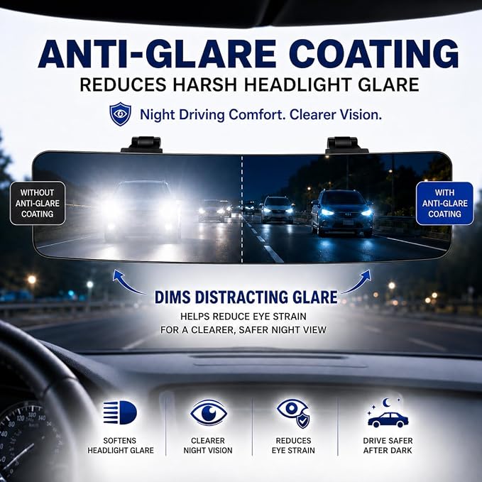 Anti Glare Wide Angle Car Rearview Mirror, 11.2'', Convex, Blue | Clip-On Panoramic Interior Rear View Mirror, Reduce Headlight Glare, Eliminate Blind Spots, Universal Fit for Cars, SUVs