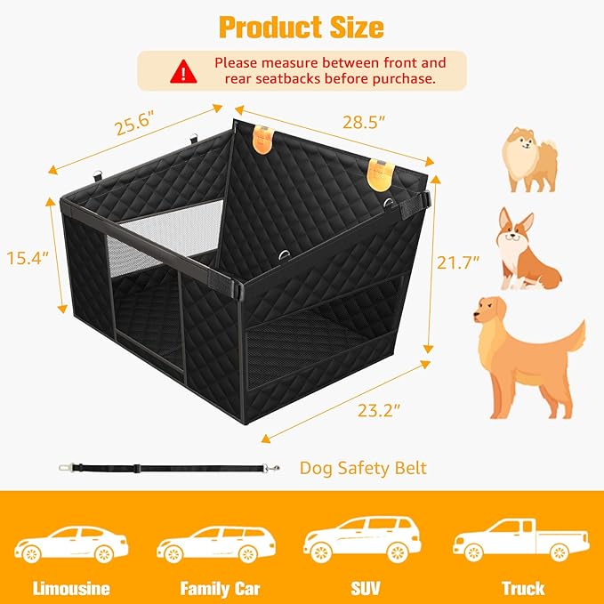 Large Dog Car Seat, Back Seat Extender for Dogs with 3 Mesh Windows, Waterproof Medium Carseat for Dogs with Hard Bottom, Pet Seat Cover for Cars, Trucks and SUVs