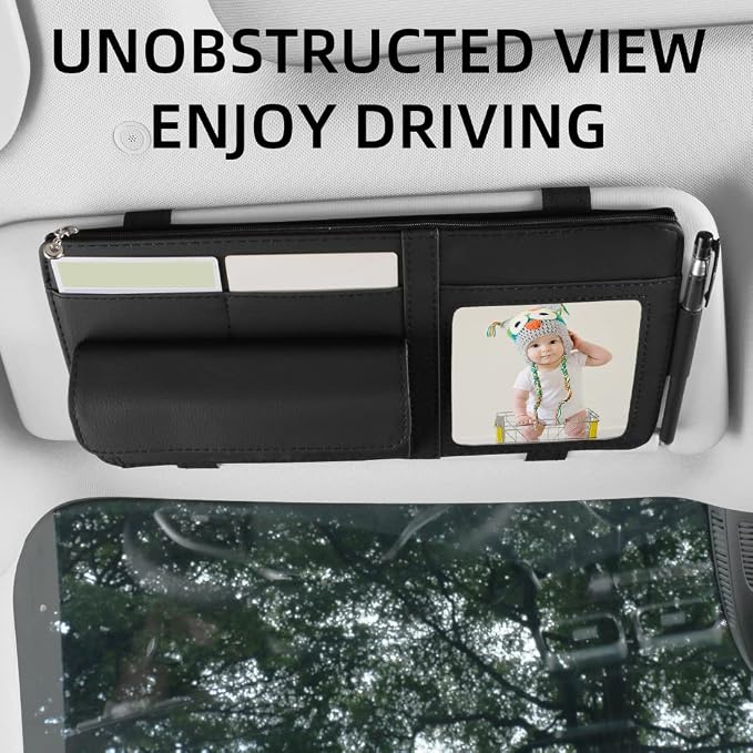 Car Sun Visor Organizer, Visor Storage Pouch Holder with a Picture Frame, Visor Document Holder for Truck, with Sunglasses Clip, Essential Visor Accessories for Driver Auto Owners BLack