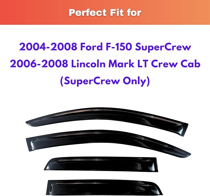 KPY Rain Guards Fit for 2004-2008 Ford F150 SuperCrew, Out-Channel Window Visors Vent Wind Deflectors 4PC, Truck Accessories for 2006-2008 Lincoln Mark LT Crew Cab (Full-Size Cabs)
