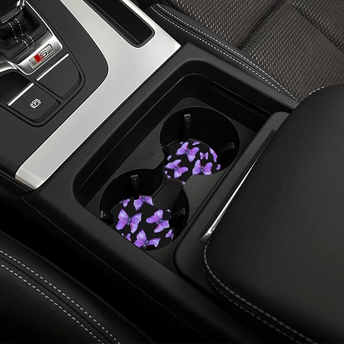 Butterfly Purple Steering Wheel Cover +2Pc Car Coasters Universal 15In | Beauty Butterfly Breathable Anti-Slip Car Suitable for Men Women