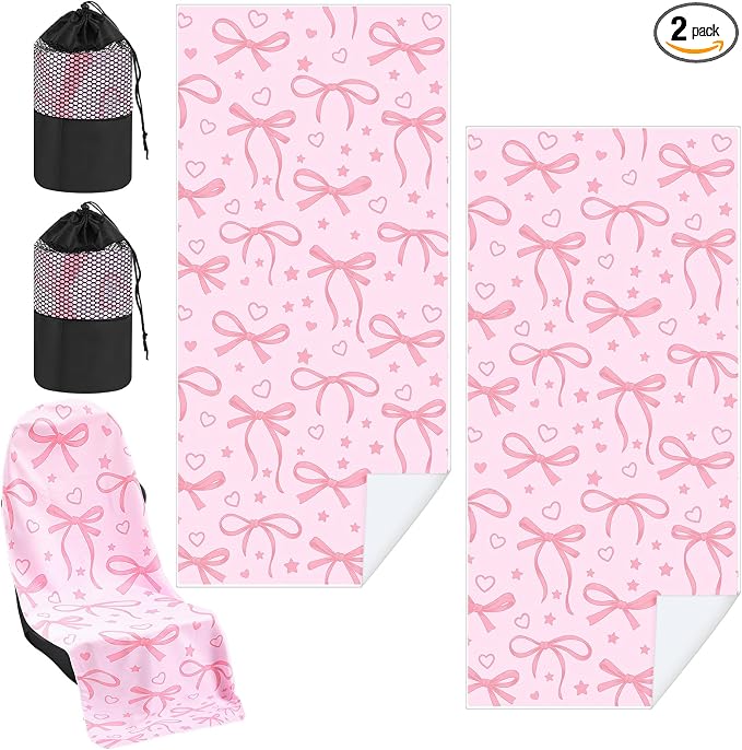 Car Seat Towel Covers with Storage Bag, 63 x 32 Inch Universal Non Slip Waterproof Sweat Protector for Car Truck, Gym Swimming Running, Machine Washable(2 Pack,Pink Bow)
