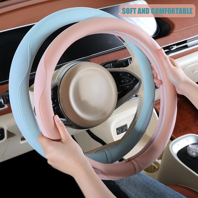 Nappa Leather Pink Steering Wheel Cover, Advanced Microfiber Leather Non-Slip Breathable Fabric, Warm in Winter and Cool in Summer, Universal 15 inch