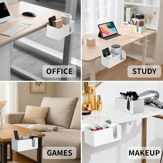3-in-1 Desk Organizer - Large Desk Cup Holder Clamp, Pencil Holder and Phone Stand - Detachable Anti-Spill Table Cup Holder, Office & PC Gaming Desk Accessories for Cup, Phone and Pen (White)