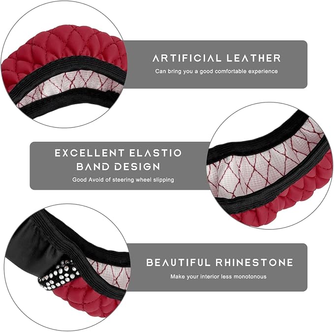 Bling Car Steering Wheel Cover, 15 Inch Sparkly Rhinestone Soft Leather Steering Wheel Protector, Non-Slip Universal Auto Elastic Steering Wheel Covers for Women Girls (Wine Red)
