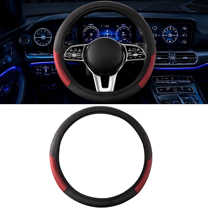 Car Steering Wheel Cover, 15 inch Carbon Fiber Microfiber Anti-Slip Breathable PU Leather Elastic Steering Wheel Protector, Car Interior Accessories for Most Cars (AD-WineRed)