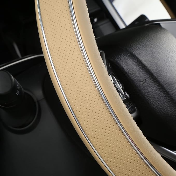 Buff Leather Steering Wheel Cover Fiber Strip Car Steering Wheel Cover Universal 15 inch