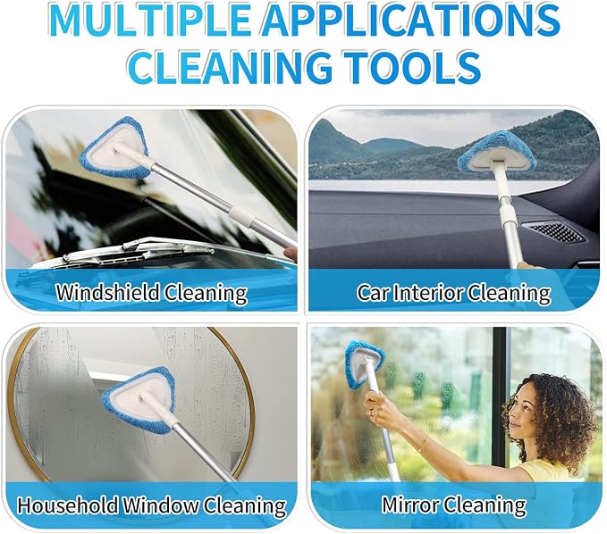 Windshield Cleaning Tool, 26" Adjustable Handle, 3pcs Microfiber Pads, Ideal for Cleaning Inside Exterior SUVs, Trucks, RVs, Glass Mirror & More