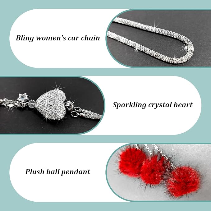 Bling Diamond Heart Car Interior Accessories, Car Mirror Hanging Ornament for Women, Love Heart & Pink Plush Ball Decor Ornament Pendant (Wine Red)