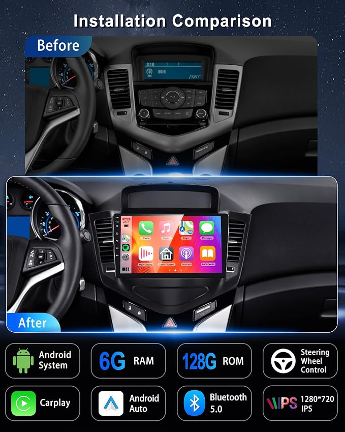 [8Core 6G+128G] Android Car Radio Stereo for Chevrolet Chevy Cruze 2009 2010 2011 2012 2013 2014 2015, Wireless Carplay Android Auto, 5G-WiFi GPS, 9" Touch Screen, Bluetooth AHD Backup Camera
