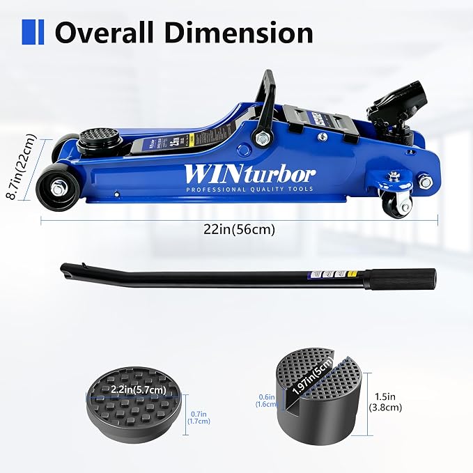 2.5T Floor Jack, 5500 lbs, 3.35"-14.96" Lift, Tire Kit, Pads & Bag | Steel jack, 3.35"-14.96" lift. 360° swivel handle, rear casters. Includes tire kit, 2 rubber pads & bag.